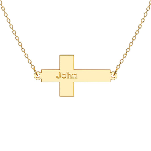 Personalized Horizontal Modern Cross Necklace with Name Engraving