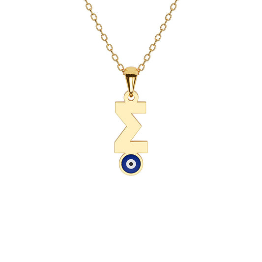 Greek Mini Initial Necklace with Evil Eye