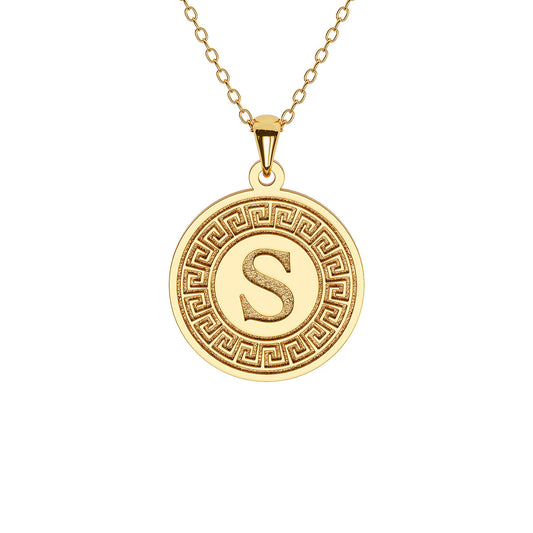 Greek Key Disc Necklace with Initial