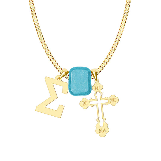 Men's Greek Initial Necklace with Glass Bead and Orthodox Cross
