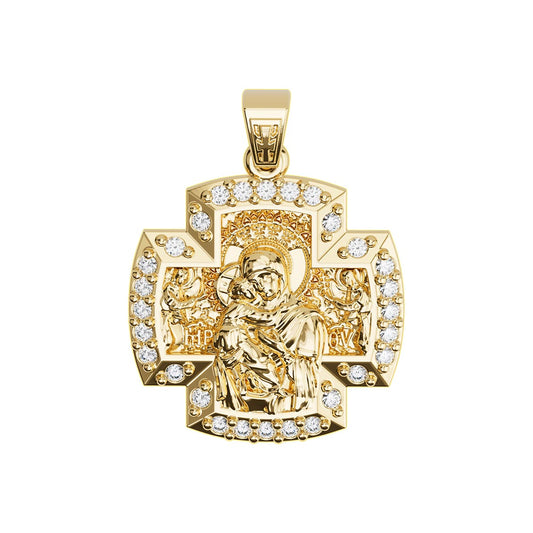 Virgin Mary & Jesus Two-Sided Pavé Cross Necklace