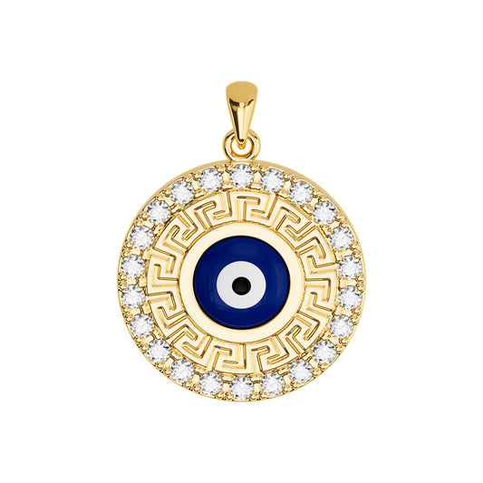 Evil Eye Greek Key Pavé Round Pendant