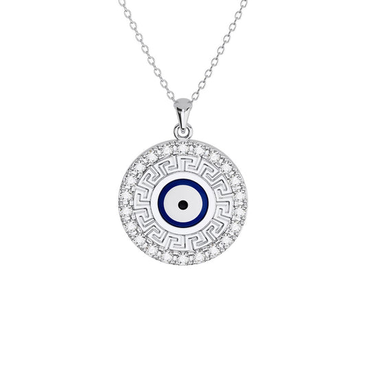 Evil Eye Greek Key Pavé Round Necklace