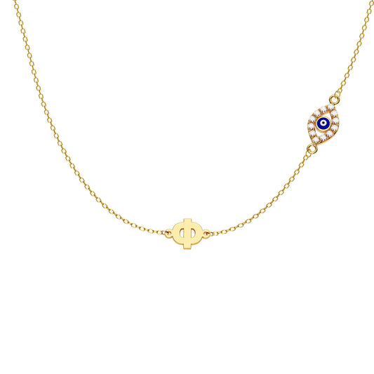 Greek Personalized Initial Necklace With Marquise Evil Eye Pavé Charm