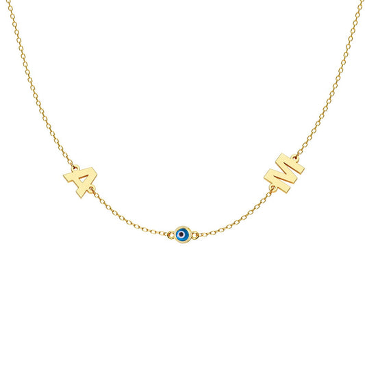 Personalized 2 Initial Necklace With Round Evil Eye Charm