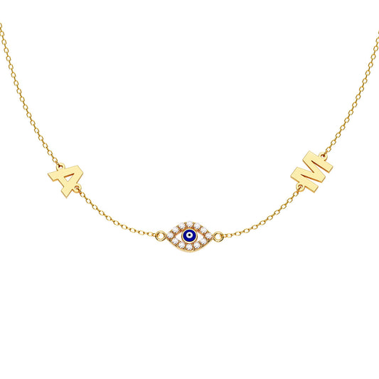 Personalized 2 Initial Necklace With Marquise Evil Eye Pavé Charm