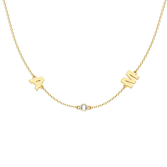 Personalized 2 Initial Necklace With Stone Bezel Charm
