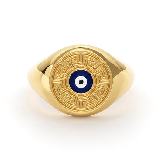 Greek Key Evil Eye Signet Ring