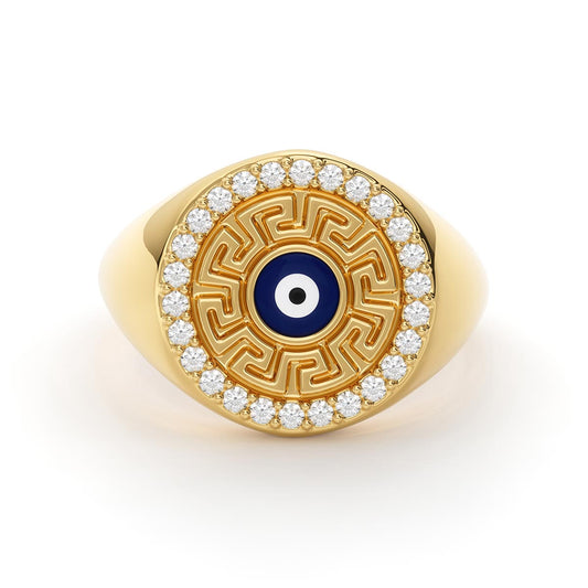 Greek Key Evil Eye Pavé Signet Ring