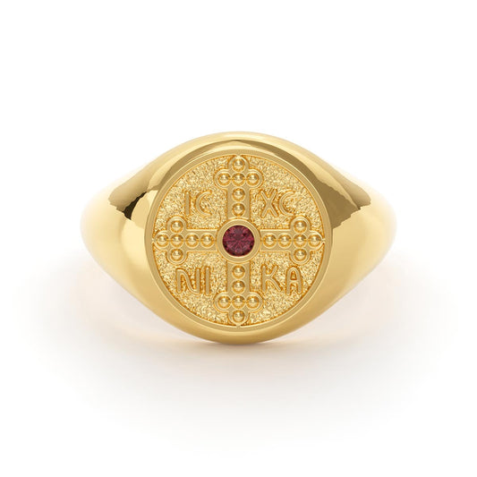 Greek Orthodox Cross Signet Ring with Ruby
