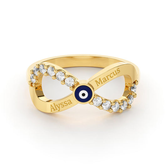 Pavé 2 Name Engraved Ring with Evil Eye