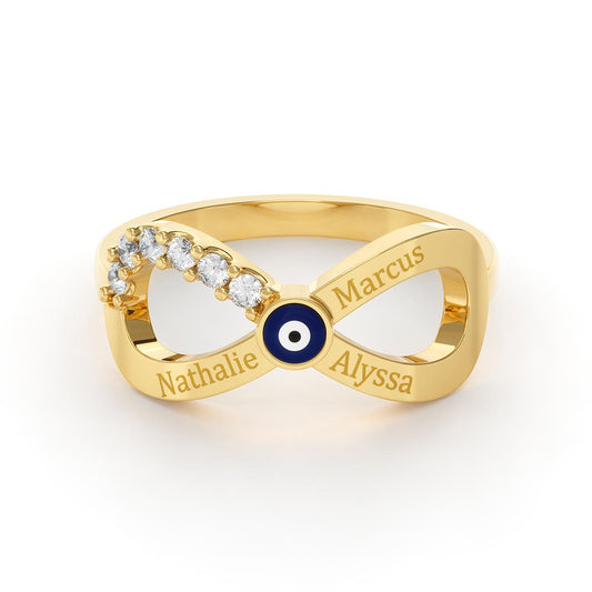 Pavé 3 Name Engraved Ring with Evil Eye