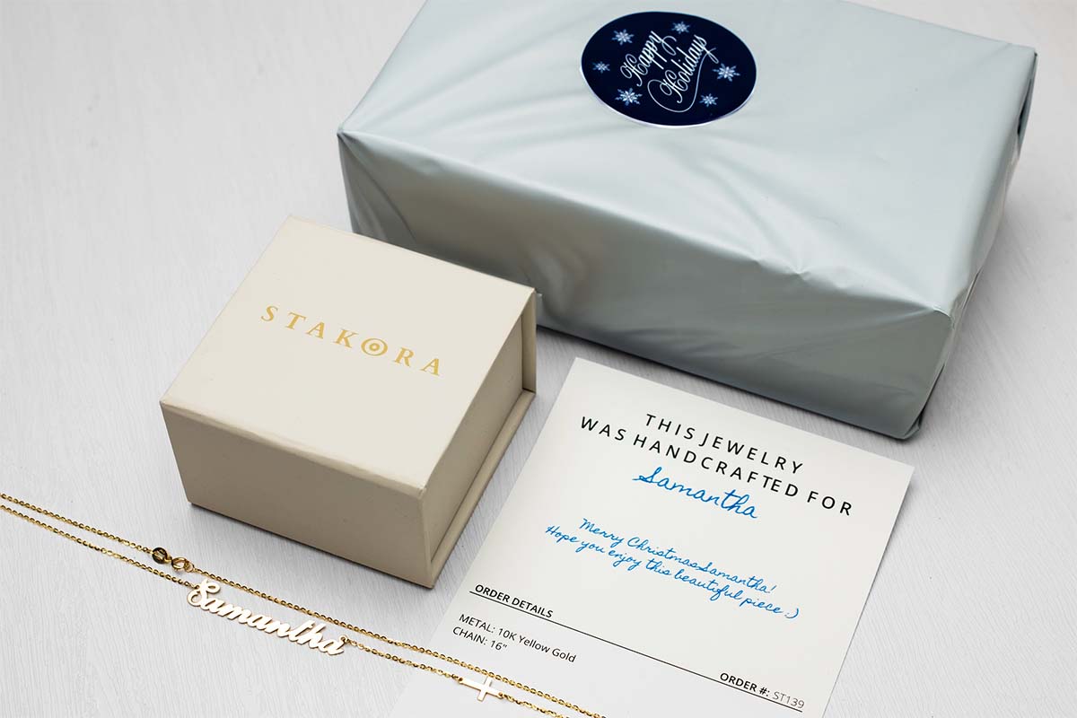Stakora holiday gift wrap, jewelry box and message card