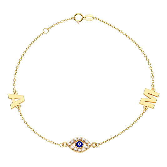 Personalized 2 Initial Bracelet With Marquise Evil Eye Pavé Charm