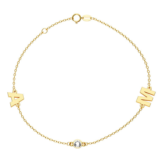 Personalized 2 Initial Bracelet With Stone Bezel Charm