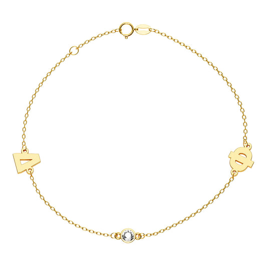Greek Personalized 2 Initial Bracelet With Stone Bezel Charm