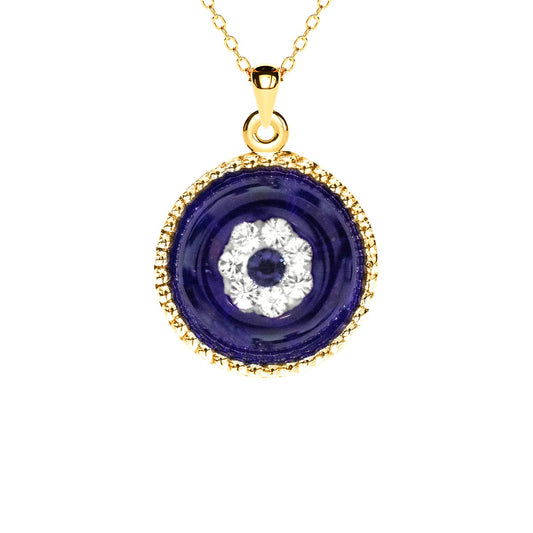 Round Milgrain Blue Crystal Evil Eye Necklace