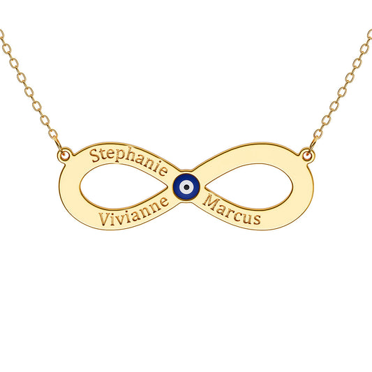 3 Name Engraved Infinity Necklace With Evil Eye