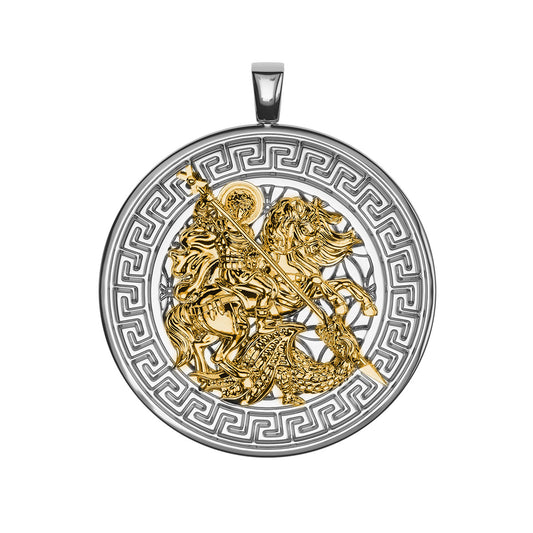 Greek Key Two-Tone Saint George And the Dragon Pendant
