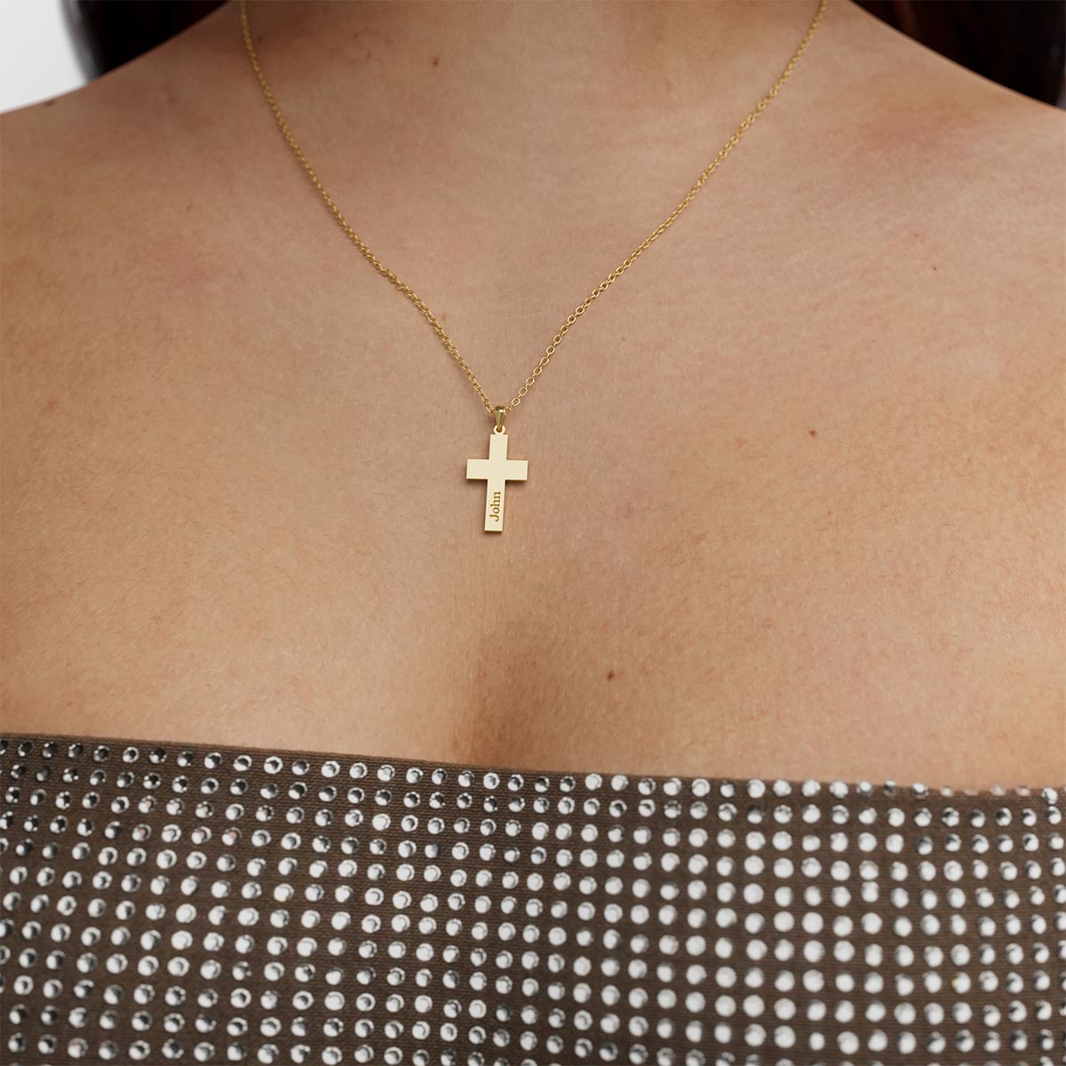 Personalized Modern Cross Necklace with Vertical Name Engraving