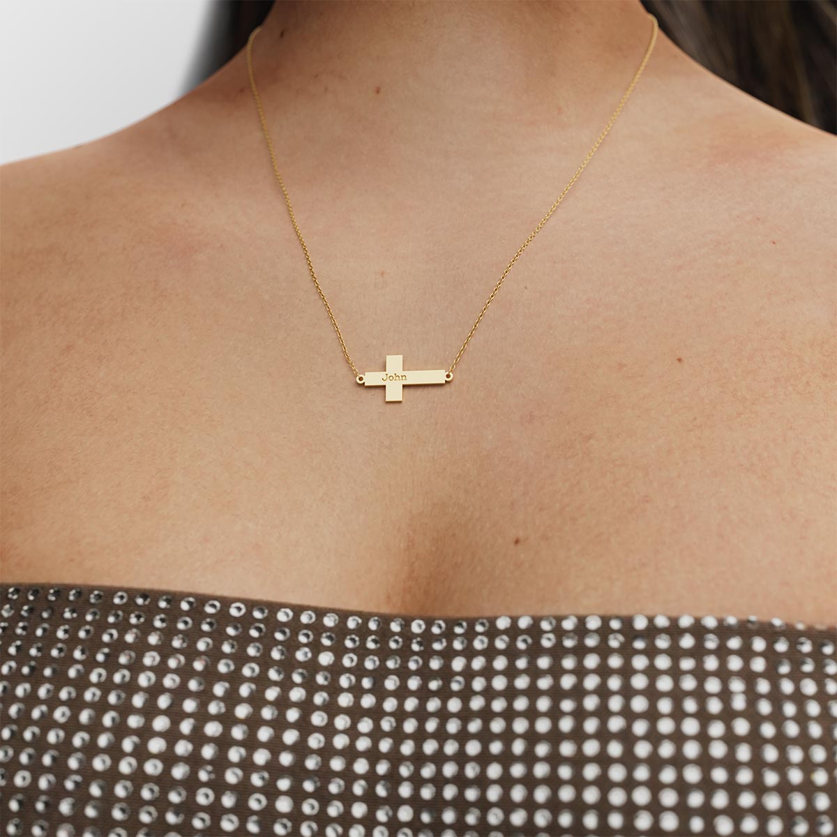Personalized Horizontal Modern Cross Necklace with Name Engraving