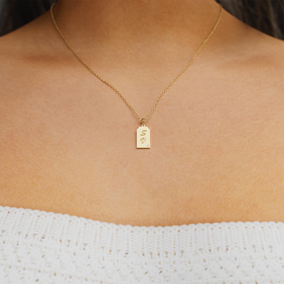 Double Initial Tag Necklace with Stone