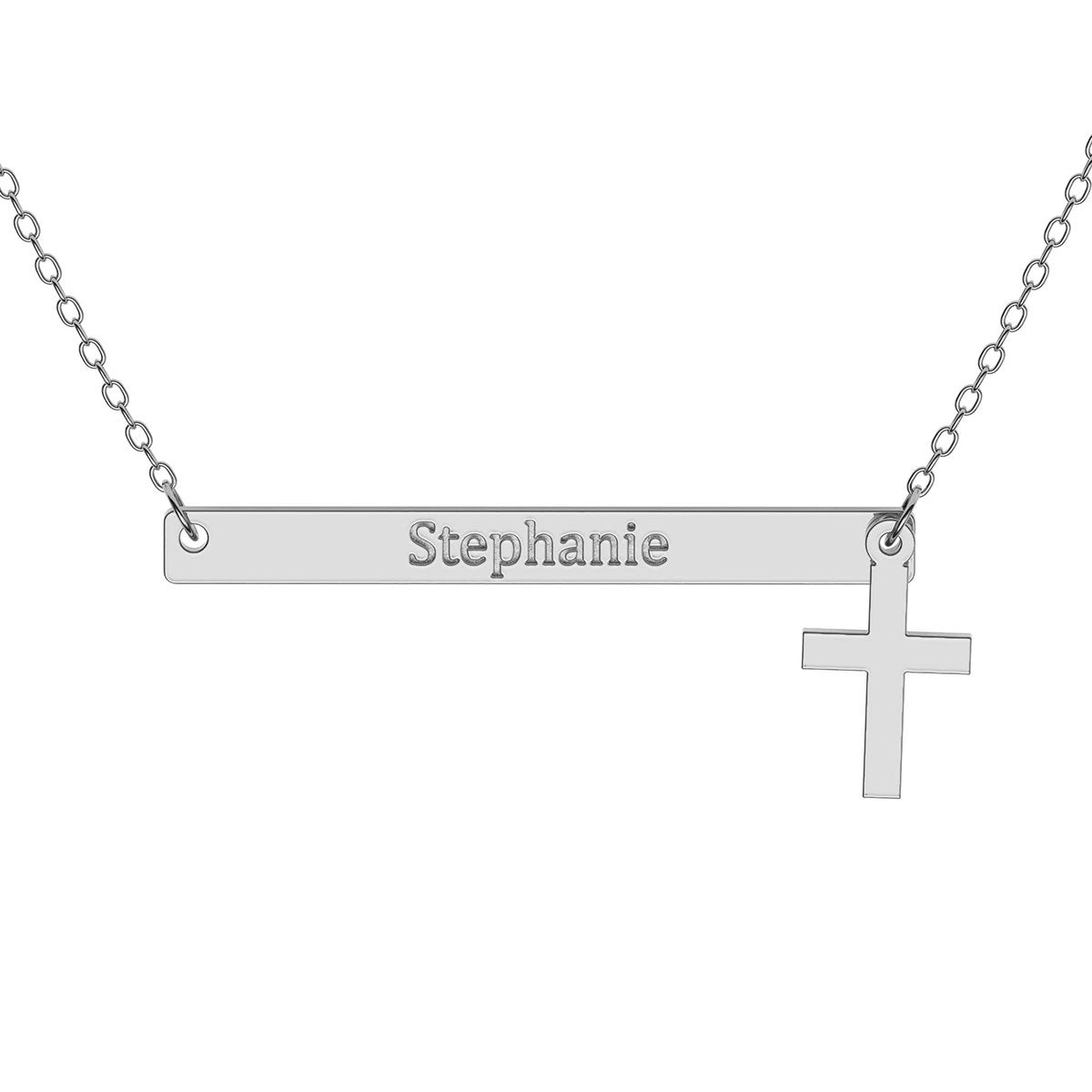 Narrow Horizontal Bar Necklace with Engraving and Cross Charm