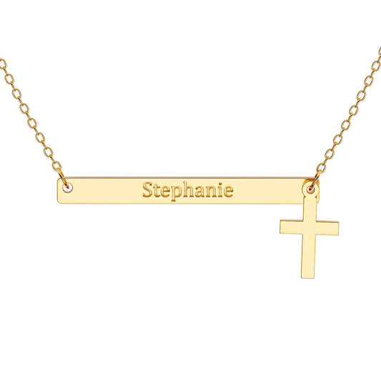 Narrow Horizontal Bar Necklace with Engraving and Cross Charm