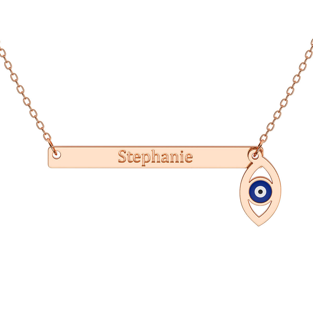 Narrow Horizontal Bar Necklace with Engraving and Evil Eye Charm