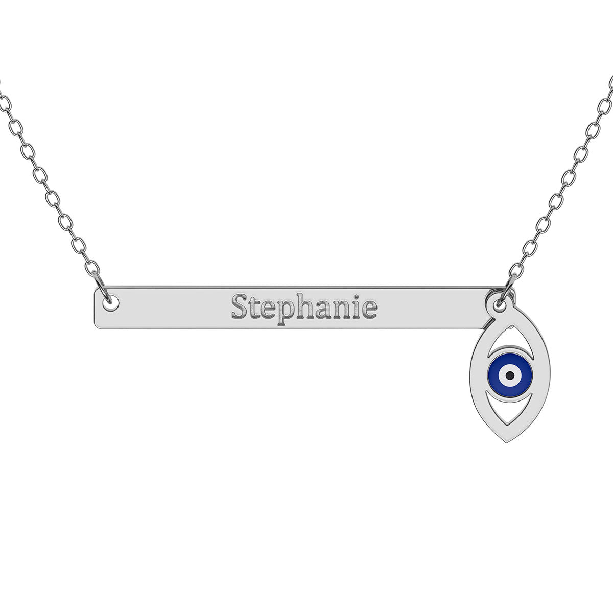Narrow Horizontal Bar Necklace with Engraving and Evil Eye Charm