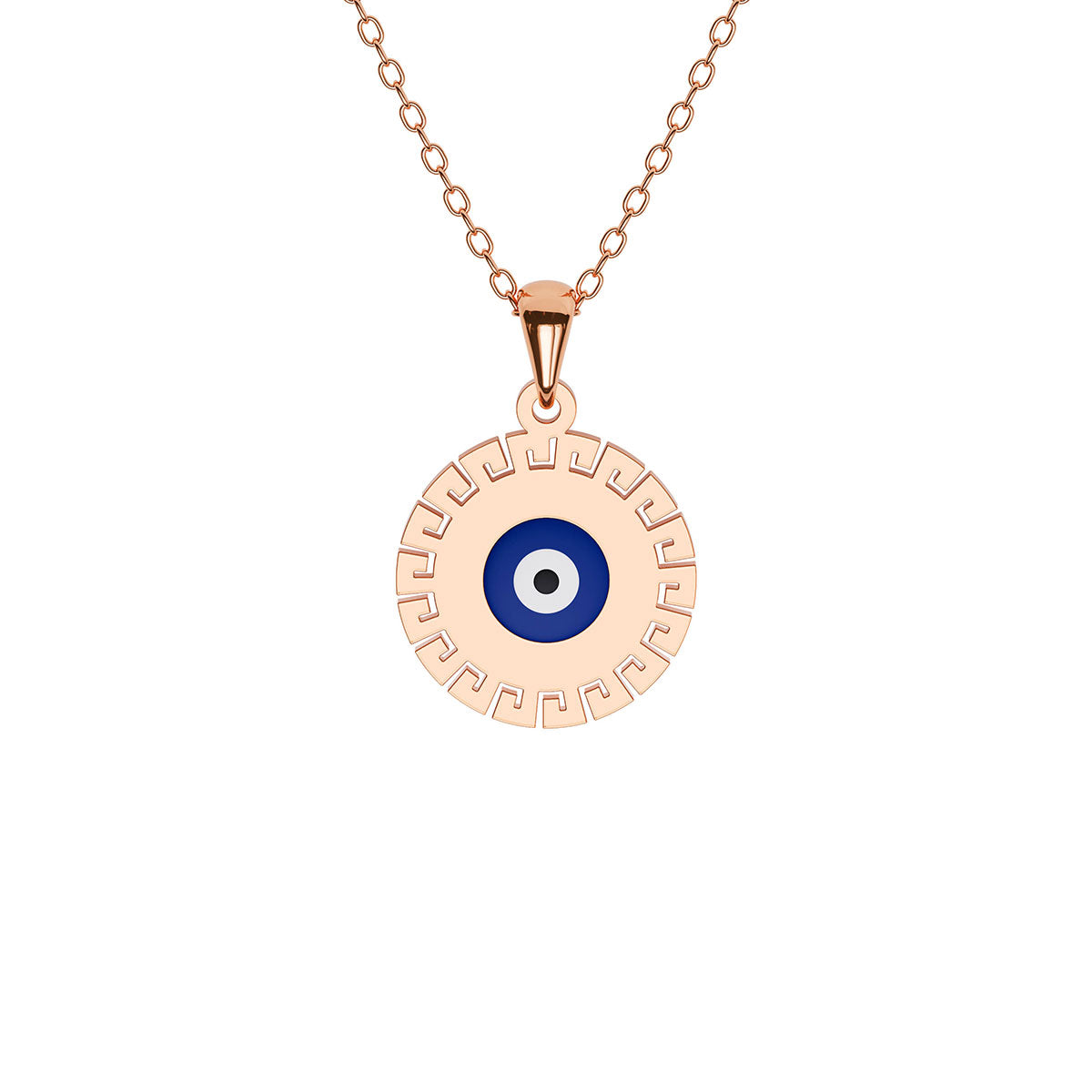 Evil Eye Disc Necklace with Greek Key Edges