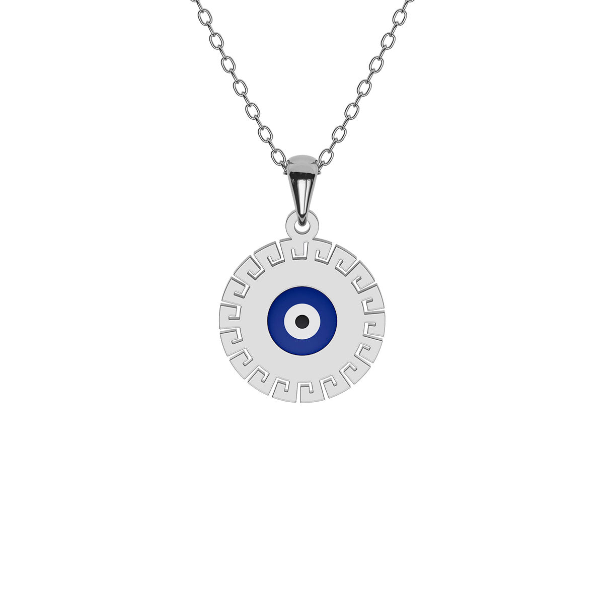 Evil Eye Disc Necklace with Greek Key Edges