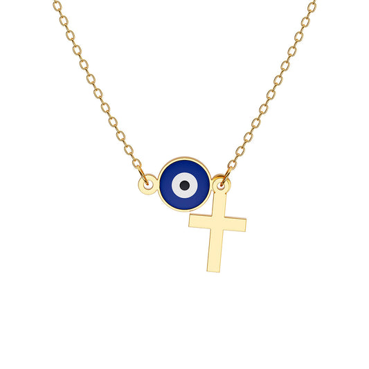 Mini Round Enamel Evil Eye Necklace with Cross Charm