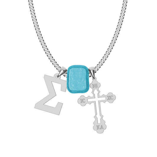 Men's Greek Initial Necklace with Glass Bead and Orthodox Cross