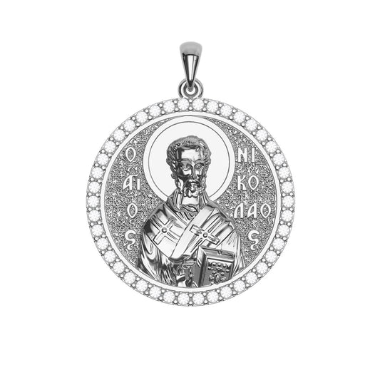 Saint Nicholas Sculpted Pavé Round Medal