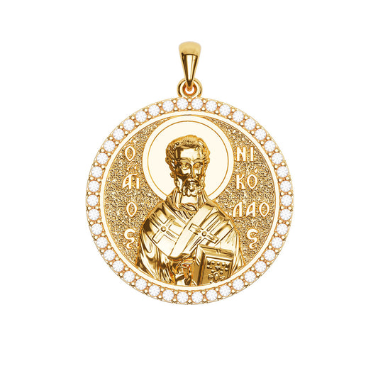 Saint Nicholas Sculpted Pavé Round Medal
