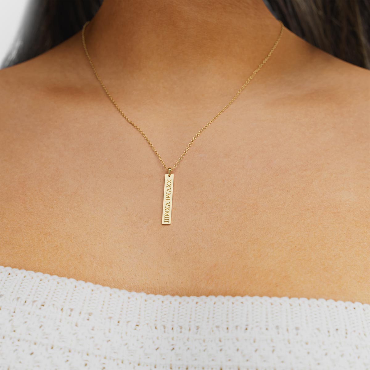 Vertical Bar Necklace with Roman Numerals Engraving