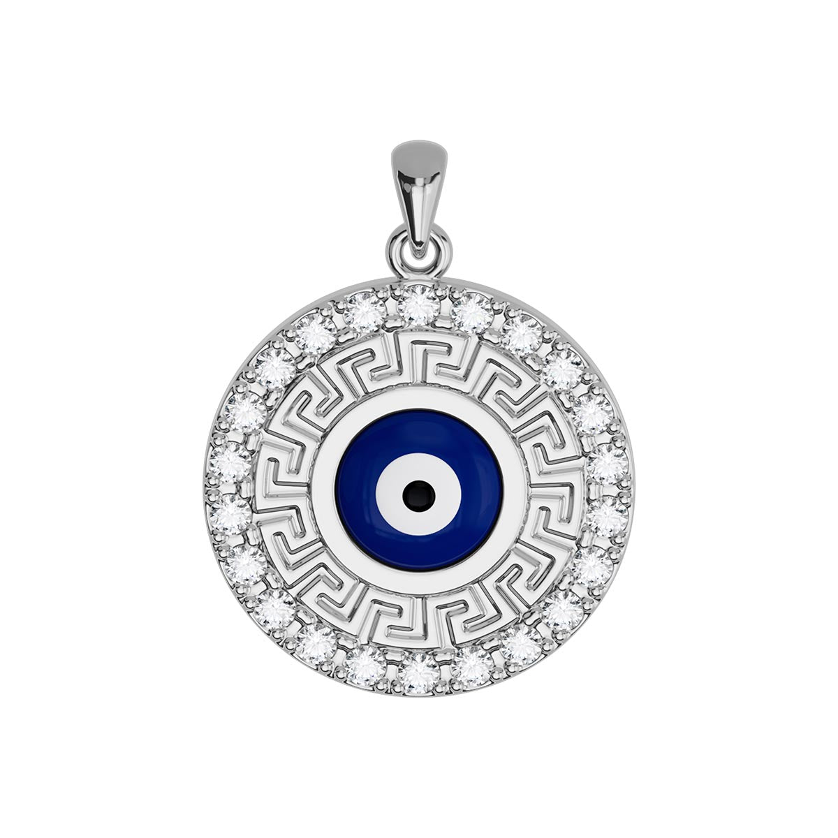 Evil Eye Greek Key Pavé Round Pendant