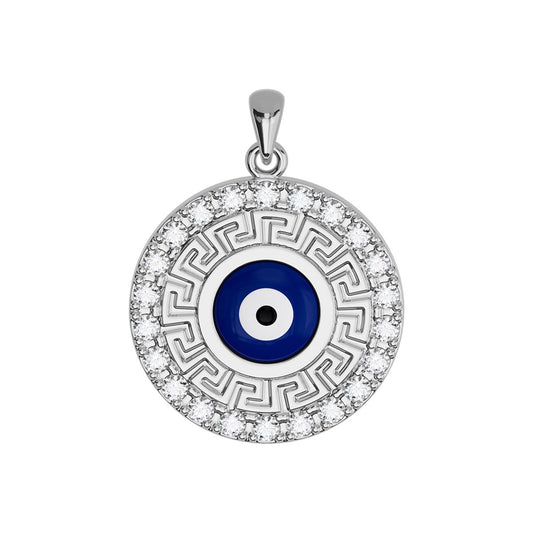 Evil Eye Greek Key Pavé Round Pendant