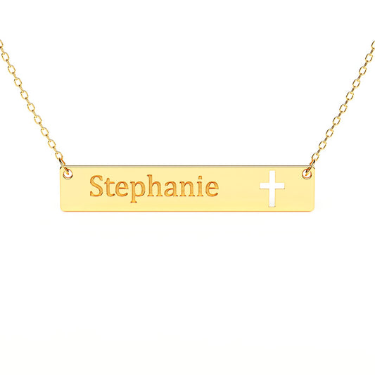 Cross Cutout Bar Necklace With Engraving