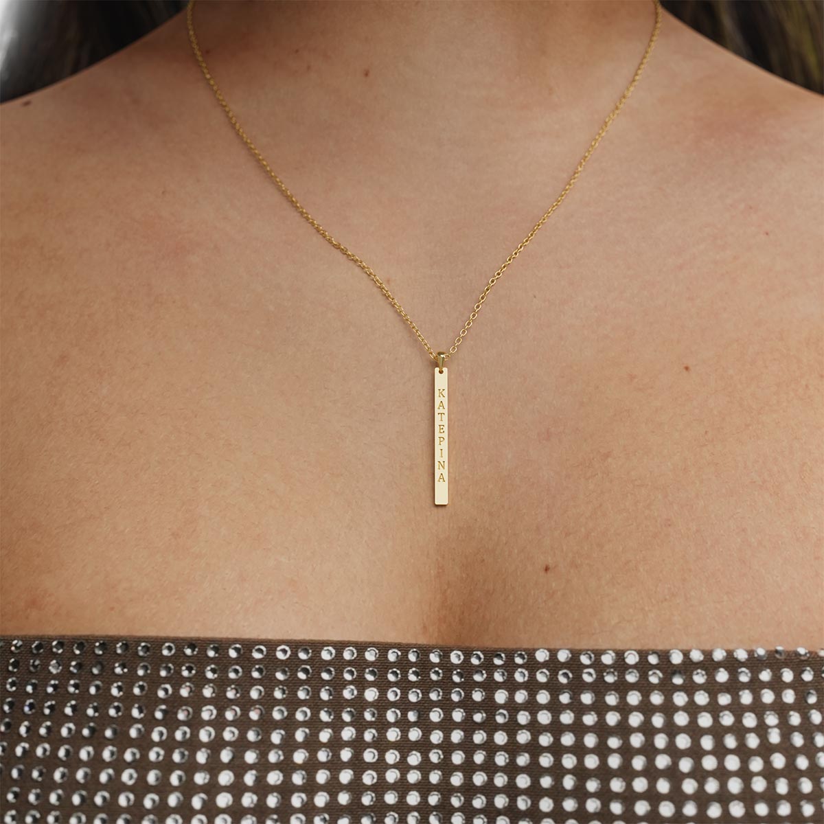 Vertical Bar Necklace with Greek Engraving