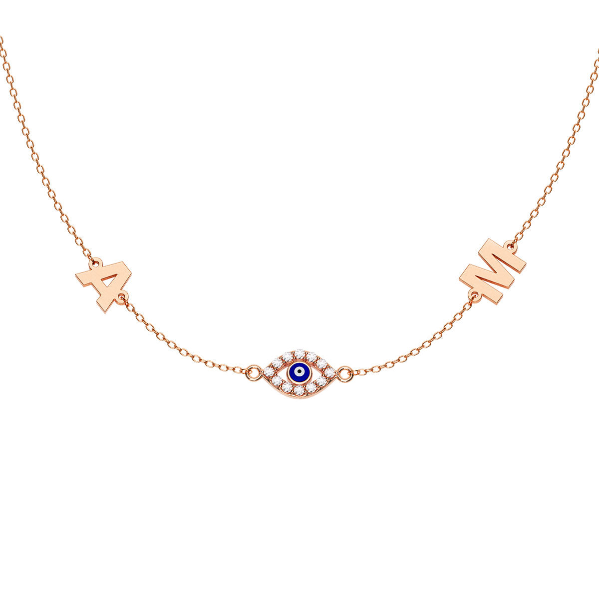 Personalized 2 Initial Necklace With Marquise Evil Eye Pavé Charm