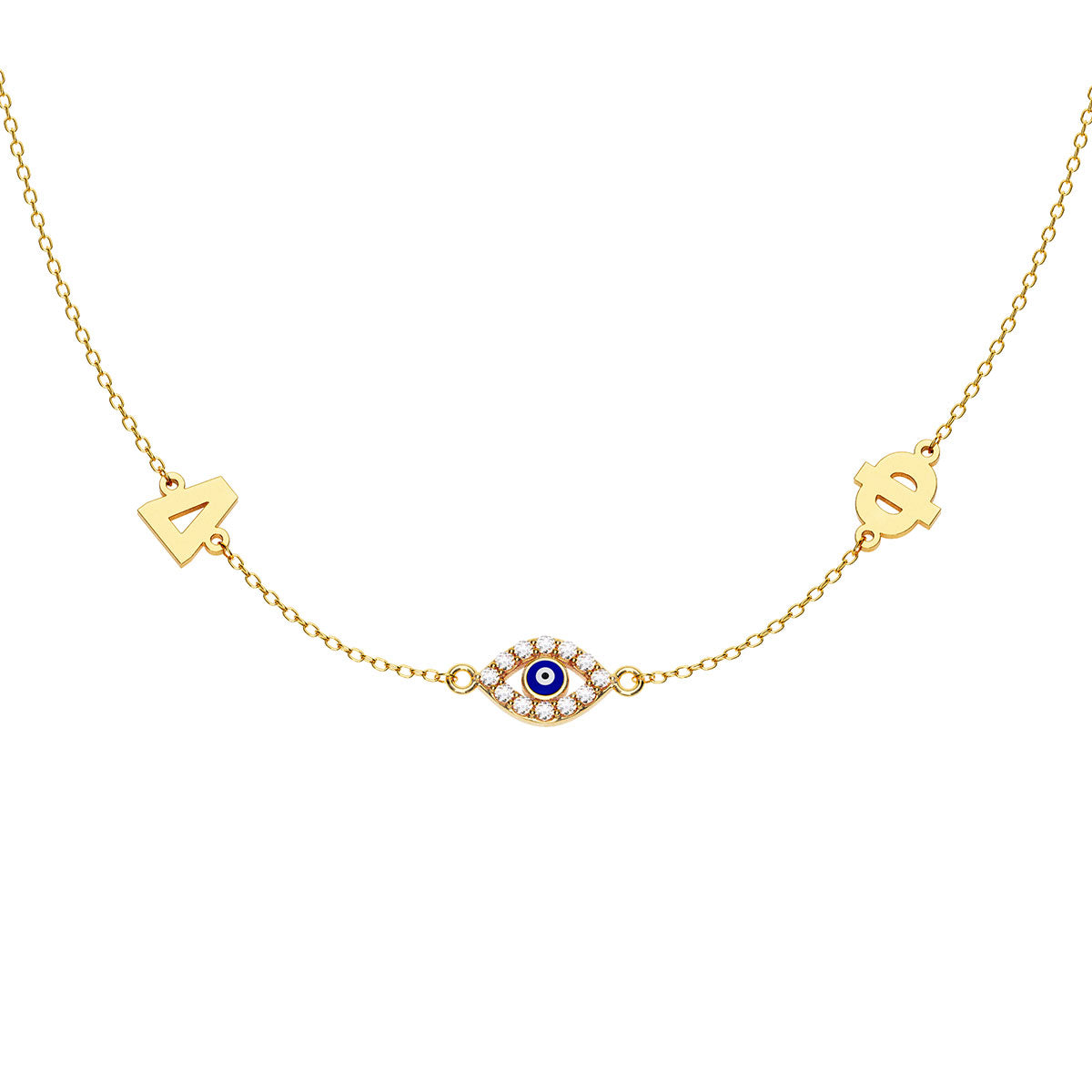 Greek Personalized 2 Initial Necklace With Marquise Evil Eye Pavé Charm