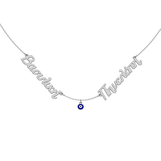 Greek Personalized 2 Name Necklace With Round Enamel Evil Eye