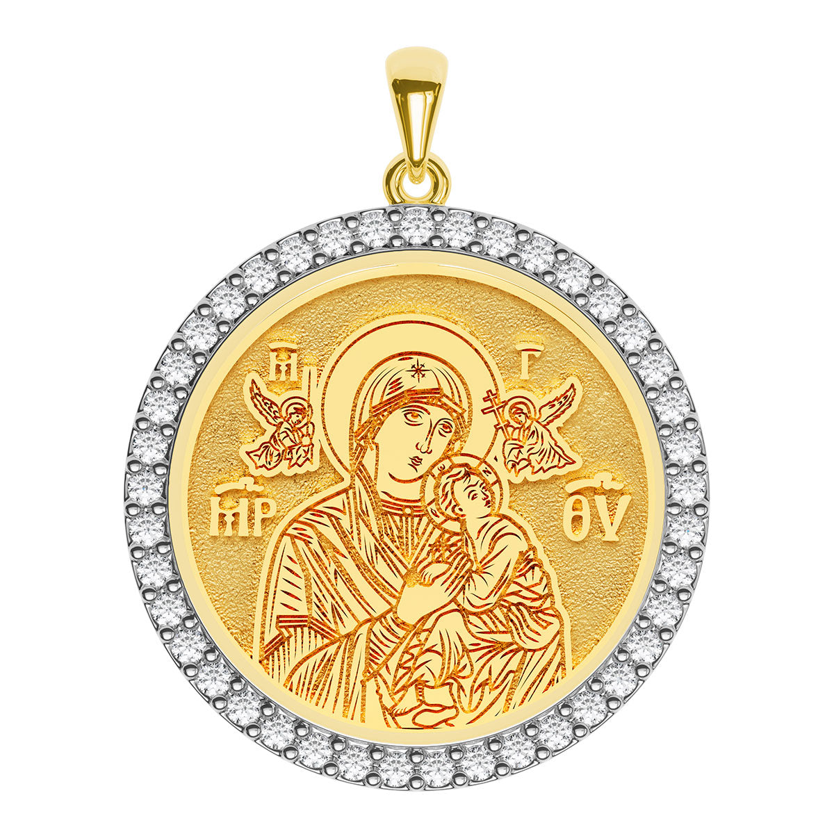 Virgin Mary Theotokos With Angels Greek Orthodox Icon Pavé Round Medal