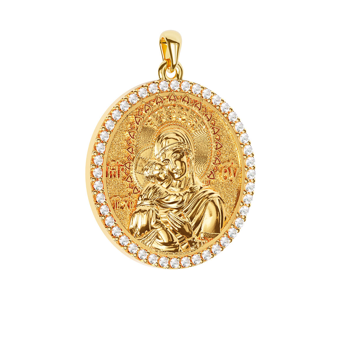 Virgin Mary Panagia Theotokos Sculpted Pavé Round Medal
