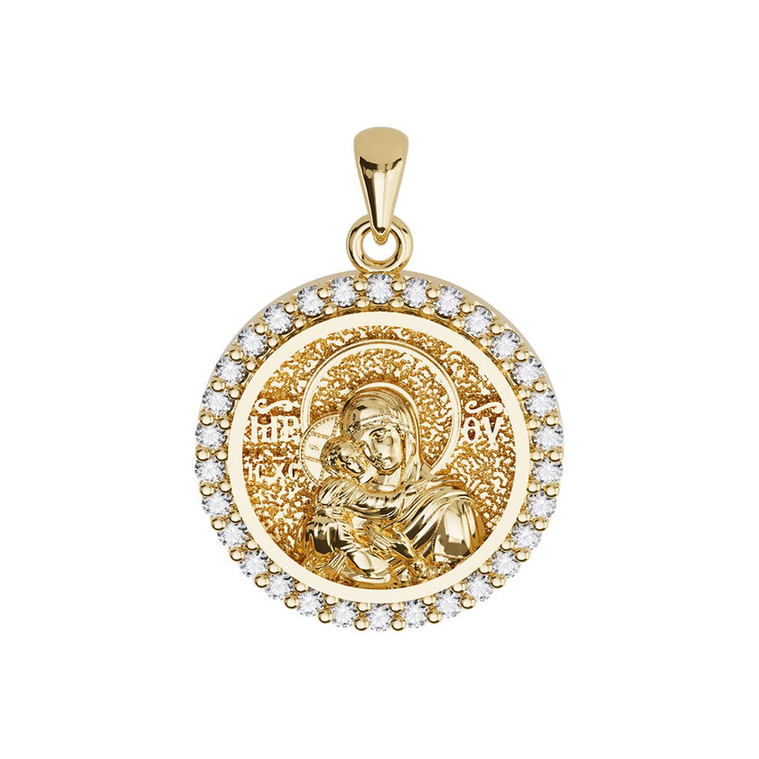 Virgin Mary Panagia Theotokos Sculpted Small Pavé Round Medal