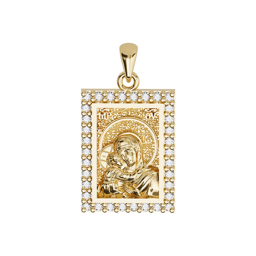 Virgin Mary Panagia Theotokos Sculpted Small Pavé Tag Medal