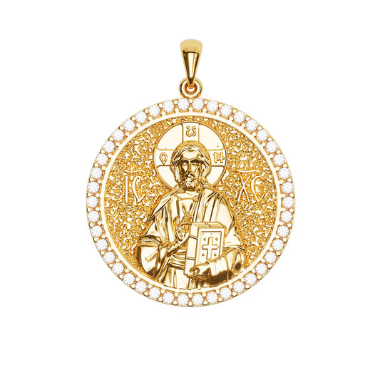 Christ Pantocrator Sculpted Pavé Round Medal