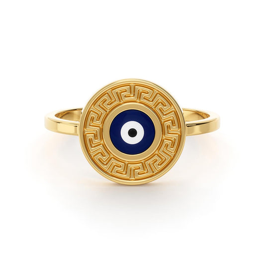 Evil Eye Greek Key Round Ring